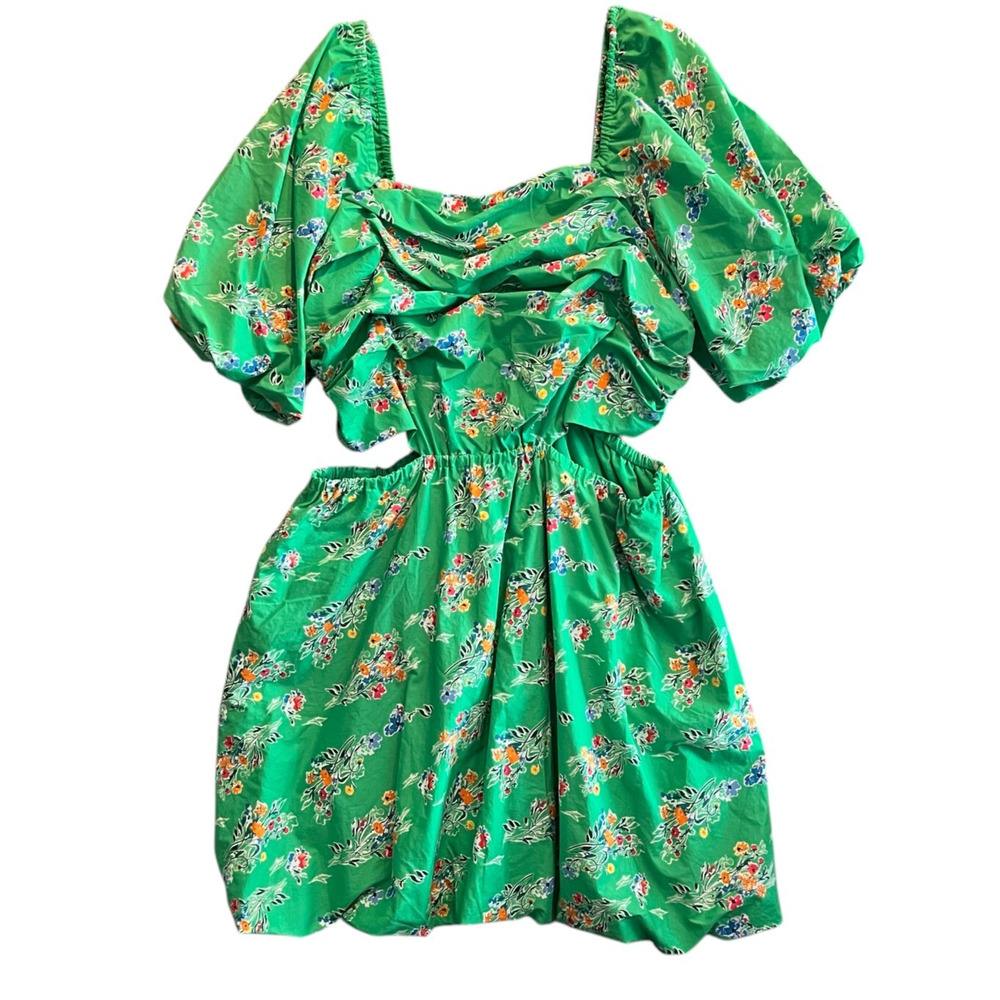 Cut Out Bubble A Line Short Dress 1X Puff Short Sleeve Floral Green Lined Spring